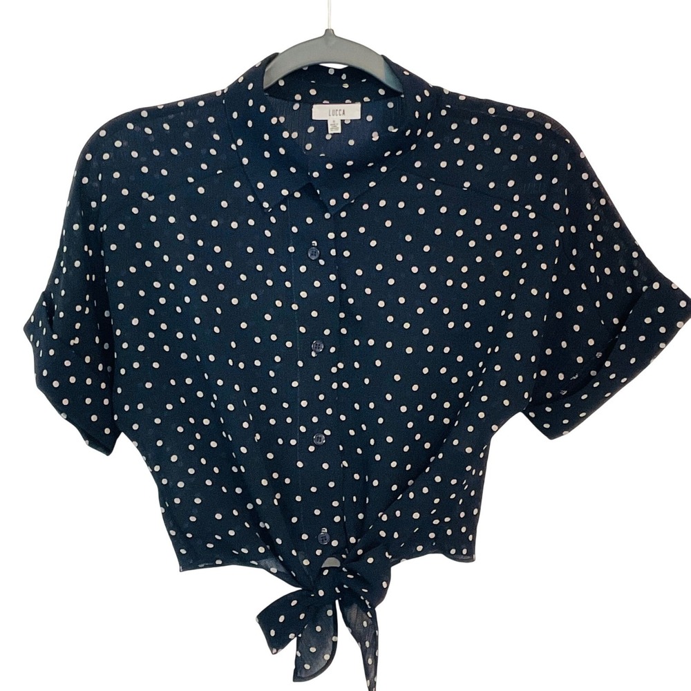 LUCCA couture women's button blouse top sheer polkadot tie navy blue white small